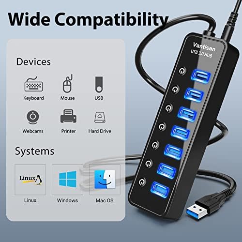 Maximize Your Connectivity: 7-Port USB Hub 3.0 Splitter with Smart Charging & Individual ON/OFF Switches for Mac, PC, and Surface Pro – High-Speed Data Transfer & Powered Adapter for Ultimate Efficiency