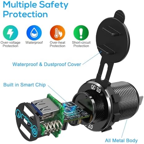 Ultimate 30 W PD Type-C & Dual QC 3.0 USB Charging Socket for 12 V/24 V Vehicles – Touch Switch Technology for Enhanced Safety & Compatibility in Cars, RVs, Trucks, and Boats – Fast Charge Multiple Devices Effortlessly