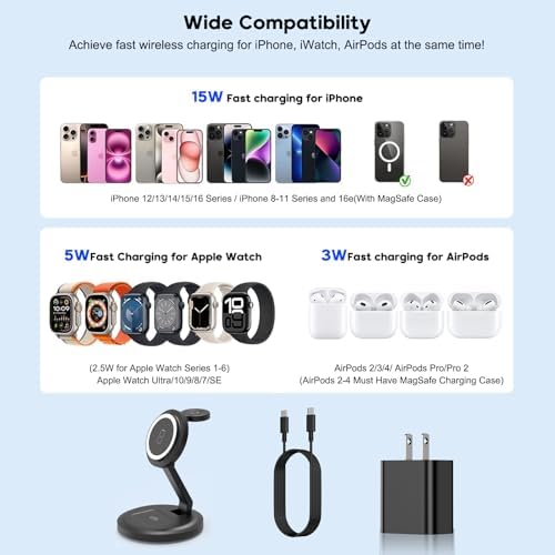 Revolutionary 3-in-1 Magnetic Wireless Charging Station for Apple Devices – Fast & Portable Charging Dock for i Phone, Apple Watch & Air Pods, Includes PD Adapter & USB-C Cable – Ideal for Home, Office & Travel – Enhanced Stability & Safety Features