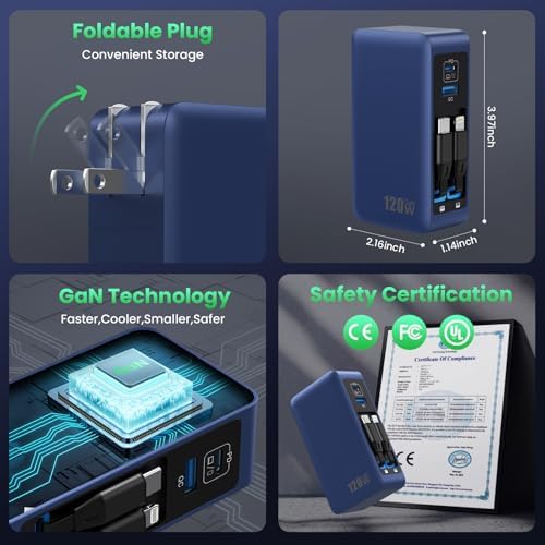 120 W Ga N IV USB-C Charger Station with Dual Retractable Cables – Fast Charging Wall Adapter for Mac Book, i Pad, i Phone 16/15/14, Galaxy S24 & Android Devices – Compact 4-in-1 Foldable Design for Effortless Travel and Enhanced Compatibility