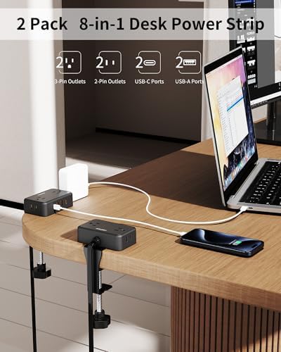 Maximize Workspace Efficiency with the 10 Ft Desk Clamp Power Strip – Versatile Desktop Charging Station Featuring 4 AC Outlets & 4 USB Ports (2 USB-C) for Rapid Device Charging, Ideal for Home Office & Gaming, Securely Fits 2.75″ Table Edges, Surge Protection for Ultimate Safety, Sleek Black Design
