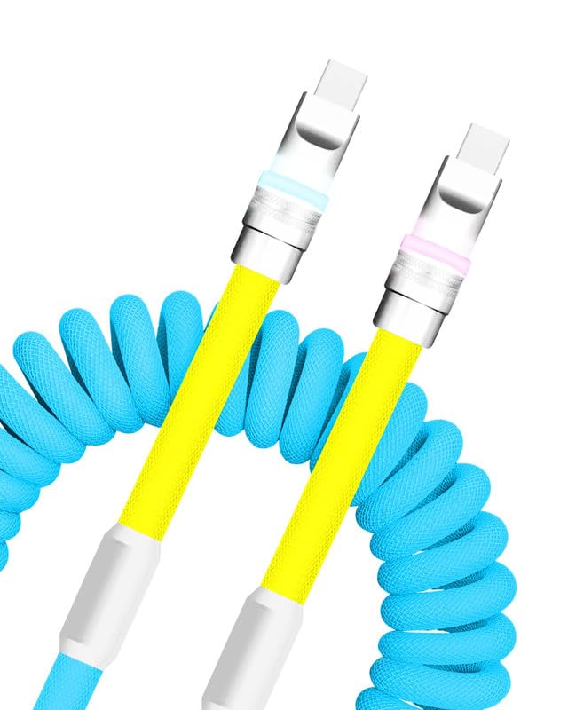 Neon Chubby Spiral Charge Cable – Vibrant 2.29-3.6 FT Type-C Coiled Charger for USB-C and Carplay Devices, Fast Sync and Charge, Tangle-Free Design in Bold Purple and Light Green, Perfect for Smartphones and Tablets