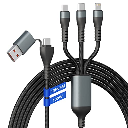 Ultimate 3 in 1 USB Long Charger Cable – 3 M/10 FT Braided Fast Charging Cord with Universal USB C, Micro USB & Lightning Connectors – 6 A Power Delivery for Rapid Device Charging – Durable & Tangle-Free Multi-Device Charging Solution