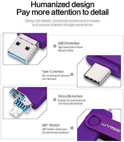 Wansenda 3-in-1 64 GB USB 3.0 Flash Drive – Versatile External Memory Stick for Android, PC & Mac with Lightning-Fast Transfer Speeds – Stylish Purple Design for Effortless Data Storage and Sharing on Samsung Galaxy, LG, Moto & More
