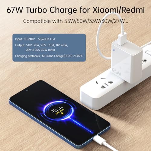 67 W Turbo Wall Charger for Xiaomi Mi & Redmi Devices – Ultra-Fast Charging with 5 ft Cable, Compact Design, and Enhanced Safety Features for Optimal Device Longevity and Performance