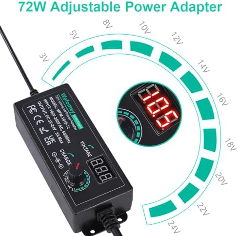 Versatile 72 W Adjustable AC/DC Power Adapter with 14 Interchangeable Tips – Universal Charger for 3 V-24 V Devices, Fast Charging Solution for Laptops, Routers, and Cameras, Compact and Durable Power Supply for Home and Office Use