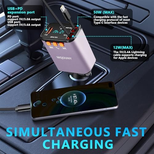 Revamp Your Drive with the 5-in-1 Retractable Car Charger: 60 W Fast Charging, Bluetooth 5.3 FM Transmitter, Hands-Free Calling & Integrated MP3 Player – Dual Retractable Cables & USB Ports for Ultimate Connectivity (Purple) – Elevate Your Mobile Experience on the Go!