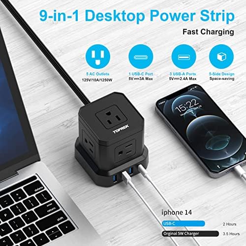 TOPREK Ultra-Slim 5-Outlet Power Strip with USB-C and USB-A Ports – 5 FT Flat Extension Cord Surge Protector for Efficient Charging in Home, Office, and Travel – Compact Design for Enhanced Portability and Safety