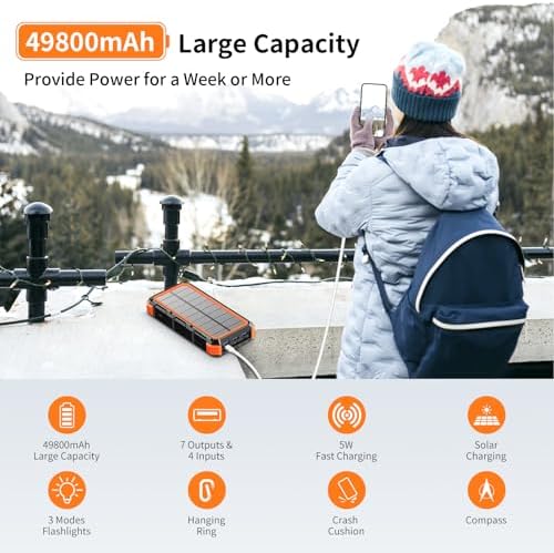 Ultimate 49,800 m Ah Solar Power Bank – Wireless Fast Charging with QC 3.0, 8 Outputs & 4 Inputs, Emergency SOS Flashlight – Durable Outdoor Charger for All Mobile Devices in Bold Orange – Ideal for Camping, Hiking & Travel