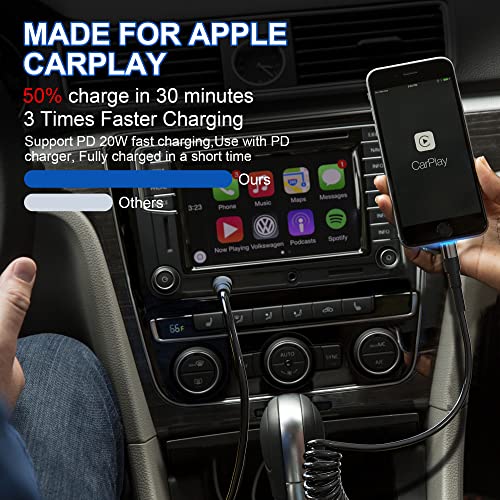Revolutionary Coiled USB-C to Lightning Charging Cable – MFi Certified for Apple Carplay Compatibility, Fast Data Transfer, and Retractable Design for i Phone, i Pad, and i Pod – Optimal Flexibility and LED Charging Indicator for Ultimate Convenience