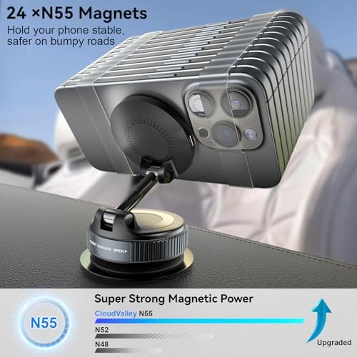 CloudValley 15W Fast Wireless Charger Car Phone Holder Mount, Vacuum Suction Cup Phone Holder Design for MagSafe iPhone 16/15/14/13/12, 360° Adjustable & Foldable Stand for Dashboard & Windshield – Enhanced Compatibility and Speed