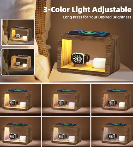 Eco-Friendly Bamboo Charging Station with 15 W Fast Wireless Charging, Adjustable Night Light & Multi-Device Compatibility for i Phone, i Watch, Air Pods, and Samsung – Sleek Nightstand Solution with 3 Color Modes and 4 Brightness Levels, Includes Adapter for Enhanced Efficiency