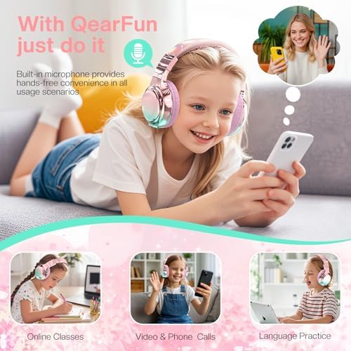 Qear Fun Kids Bluetooth 5.3 Headphones – Ultra-Lightweight Foldable Wireless Headset with Rapid Charging and Integrated Microphone for Seamless School and Travel Listening – Trendy Metallic Gradient Finish for Young Music Lovers – Perfectly Compatible with Tablets and i Pads – Superior Comfort and Sound Quality for Young Listeners