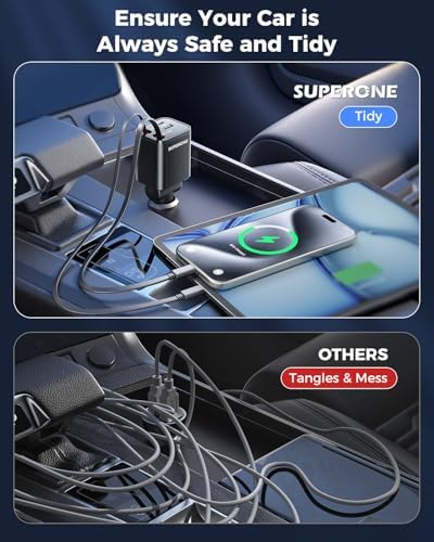 Ultimate 4-in-1 Retractable USB C Car Charger for Fast Charging – Dual Type C Cables for i Phone 16/15/14/13/12, i Pad, Galaxy, and Pixel Devices – Streamlined Design for Maximum Efficiency and Clutter-Free Travels