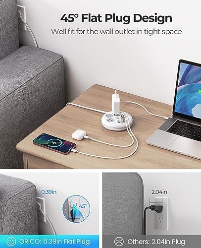 Compact ORICO Travel Power Strip with 3 AC Outlets & 3 Fast USB Ports (1 USB-C) – Space-Saving Flat Plug Extension Cord for Effortless Charging on Cruises, Hotels & Airports – Essential Travel Accessory in Sleek White Design