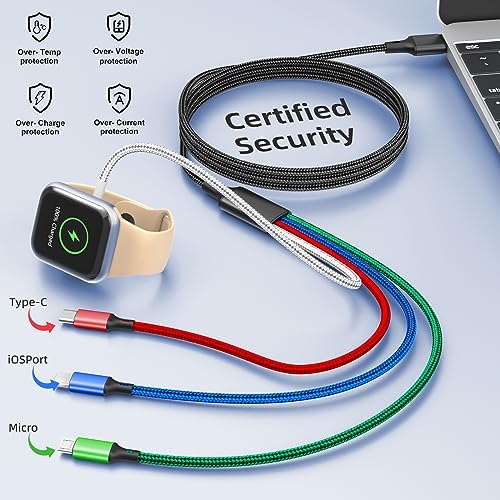 Versatile 4-in-1 5 FT Charging Cable Duo for Apple Watch & i Phone – Multi-Compatible USB C, Micro USB, and Lightning Connectors – Fast & Efficient Charging for i Watch Ultra Series 10/9/8/7/6/SE/5/4/3 and i Phone 16/15/14/13/12 – Durable Design for Everyday Use