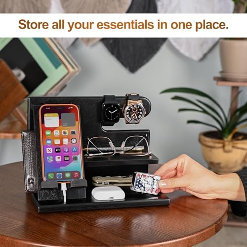 TESLYAR Wood Phone Docking Station for Men – Desktop or Nightstand Organizer – Birthday Gifts for Men, Dad – Anniversary Idea from Wife – Key Holder, Stand Wallet, Watch & Essentials (Antique Brown) – Enhanced Compatibility and Speed
