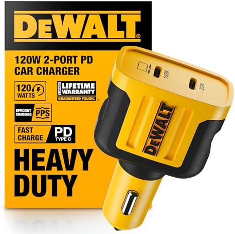 DEWALT 120 W Dual USB-C Car Charger – High-Speed PD 3.0 and PPS Fast Charging Adapter for i Phone, Galaxy, Pixel, and i Pad – Heavy Duty, Dual-Port Design for Ultimate Device Compatibility and Performance on the Go