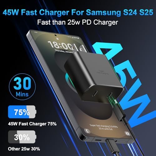 45 W Super Fast USB-C Charger for Samsung Galaxy | Dual Port Fast Charging Block with 10 FT Cable | Ultimate Compatibility for Galaxy S25/S24/S23/S22 Series | Efficient, Reliable, and Travel-Friendly Charging Solution