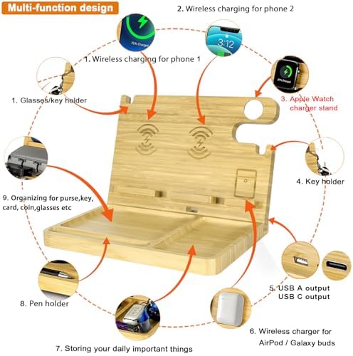 Eco-Friendly Wood Phone Docking Station with Dual 27 W Fast Charging for i Phone, Samsung, Apple Watch & Air Pods – Stylish Nightstand Organizer and Ideal Gift for Men and Women on Birthdays or Anniversaries