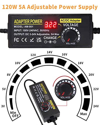 Versatile AOYADAISU 120 W Adjustable DC Power Supply with 14 Tips & Polarity Converter – Perfect for Fast Charging LED Strip Lights, Cameras, and More – 3 V-24 V Output with 5 A Maximum Current for Ultimate Compatibility and Performance