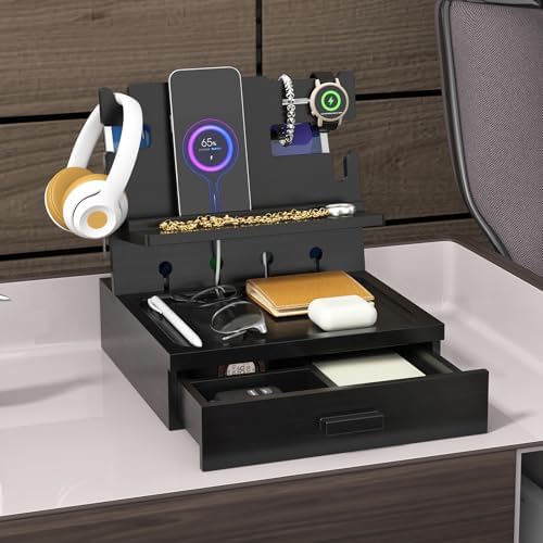 Nightstand Organizer, Wood Bedside Organizer Docking Station with USB Ports and Outlets, Gifts for Men, Nightstand Drawer Organizer for Cellphone, Watch, Sunglasses & Accessories – Enhanced Compatibility and Speed