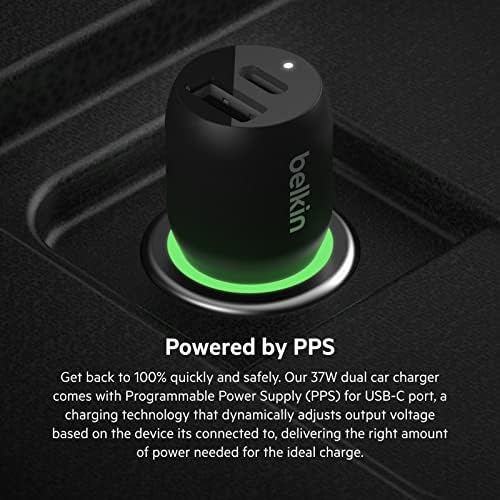 Belkin 37 W Dual Port Fast Car Charger with 3.3 ft USB-C Cable – High-Speed Charging for Galaxy S23, i Phone 14, and More – Compact Design with 25 W USB-C PPS & 12 W USB-A Ports – Perfect for Road Trips and Daily Commutes – Advanced Power Delivery for Speed & Efficiency