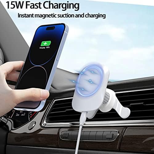 Mag Safe-Compatible Magnetic Wireless Car Charger with 15 W Fast Charging – 360° Adjustable Air Vent Holder for i Phone 12, 13, and 14 Series – Sleek White Design for Effortless Charging and Navigation – Perfect for On-the-Go Lifestyle