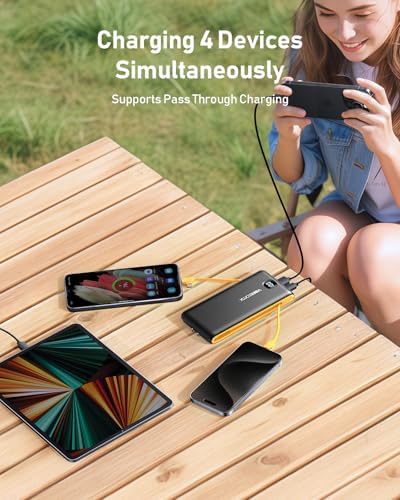 Ultimate Travel Power Bank with Built-in Cables and Wall Plug – 10,000 m Ah Fast Charging Battery Pack for i Phone 16/15/14/13 & i Pad – Sleek Yellow Design for Maximum Compatibility and Convenience