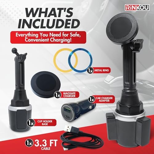 Mag Safe Cup Holder Wireless Charger Mount – 15 W Fast Charging Magnetic Phone Holder for i Phone 12/13/14, Adjustable Design with QC Adapter & Cable, Ultimate Driving Convenience for Enhanced Safety and Accessibility