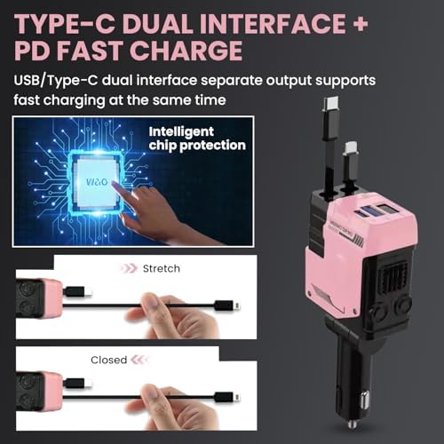 Versatile 4-in-1 Retractable Car Charger – 120 W Fast Charging Solution with USB & Type-C Ports in Chic Pink for Ultimate Device Compatibility and Clutter-Free Convenience