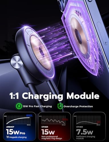Mag Safe Magnetic Car Charger Mount: 15 W Wireless Fast Charging Holder with Adjustable Aluminum Arm for i Phone – Secure Grip and Optimal Viewing for Every Journey