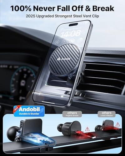 andobil [True Military-Grade for MagSafe Car Mount, 2025 Ultimate Magnetic Phone Holder for Car Dashboard Windshield Vent, Retractable Car Phone Holder Mount for iPhone 16 15 14 13 Pro Max Sumsung – Enhanced Compatibility and Speed