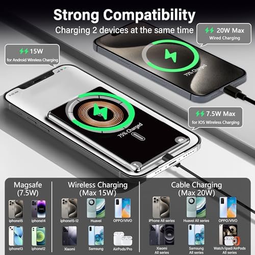 LUCKYDUO Ultra-Slim 0.26” Magnetic Wireless Power Bank – 5000 m Ah Fast Charging Battery Pack for i Phone 12/13/14/15/16 – Lightweight, Portable & Stylish Black Design for On-the-Go Charging – Seamless Magnetic Attachment & PD 20 W USB-C Compatibility – Your Essential Travel Companion for Effortless Power