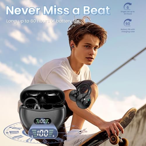 Innovative Clip-On Open Ear Wireless Bluetooth 5.4 Headphones – Perfectly Designed for Small Ears and Glasses Wearers; 60-Hour Battery Life, Superior Noise Cancellation, and Waterproof for Active Lifestyles and Workouts (Vibrant Purple)