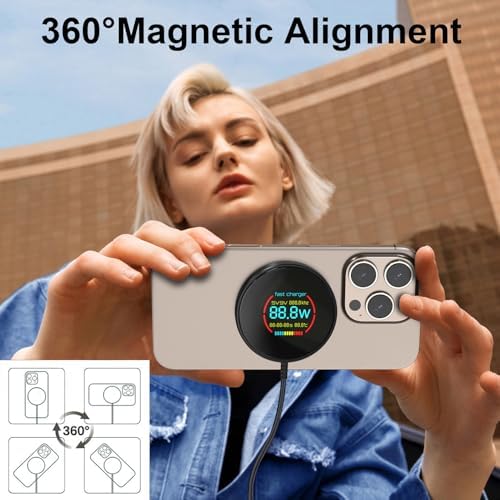 Enhance Your Charging Experience with the Premium 15 W Mag Safe Wireless Charger – LCD Display, Magnetic Fast Charging Pad for i Phone 12-16 Series, Sleek Glass Design, USB-C Port, Perfect for On-the-Go Power Solutions