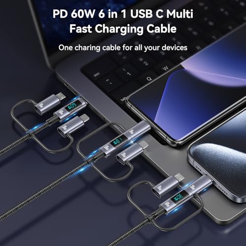 Transform Your Power Management with the 6-in-1 Multi Charger Cable: High-Speed PD 60 W Charging, Real-Time LED Indicator, and Universal Device Compatibility for Smartphones, Tablets, and Laptops – 4 ft Robust USB Cord for Home, Office, and Travel Versatility