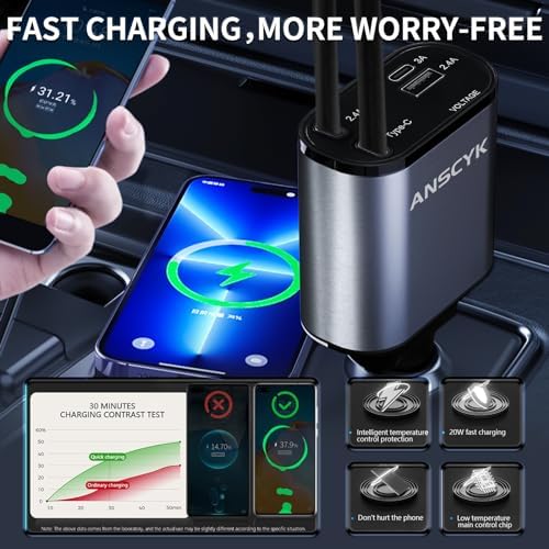 Compact 4-in-1 Retractable Car Charger by ANSCYK – 60 W Fast Charging with Lightning & USB-C Cables for i Phone, Galaxy, Pixel – Sleek Design & Enhanced Compatibility for Effortless On-the-Go Power Solutions