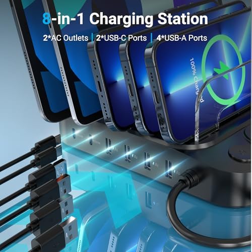 Sleek 6-Port USB Fast Charging Station with 60 W Output & 7 Versatile Cables – Essential Multi-Device Charger for i Phone, i Pad, Tablets, and Kindles – Ultimate Home and Office Organization Solution for Effortless Charging and Efficiency