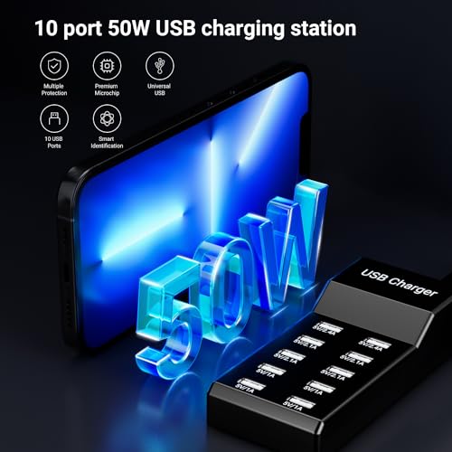 Ultimate 10-Port USB Charging Station – 50 W Multi-Device Power Hub for i Phone, Galaxy, i Pad & More – Rapid Charge & Advanced Safety Features for Home or Office Use – Compact Multiport Charger for Maximum Efficiency and Organization