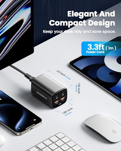 Essager 67 W Ga N USB C Charging Station – Ultra-Compact 4-Port Fast Charger for Laptops, Tablets, and Smartphones – Travel-Friendly Power Hub with Advanced Safety Features for High-Efficiency On-the-Go Charging