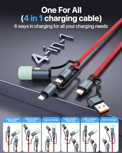 SOOPII 100 W 6.6 FT 4-in-1 Multi-USB C Charging Cable – Fast Charging Solution with USB-C, USB-A, and Lightning Connectors – Durable Nylon Braided Design for Phones, Tablets, and Laptops – Ultimate Versatility for Home and Travel