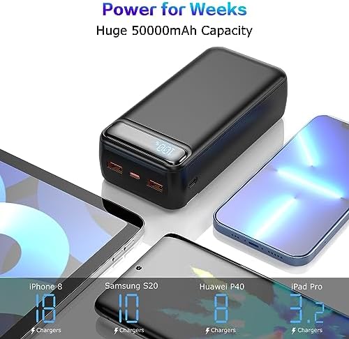Ultimate 50,000 m Ah Portable Power Bank – High-Speed 22.5 W Fast Charging External Battery Pack with Triple Outputs & Dual Inputs, Ideal for i Phone, Samsung, i Pad, and More – Emergency Flashlight Included for On-the-Go Convenience and Reliability