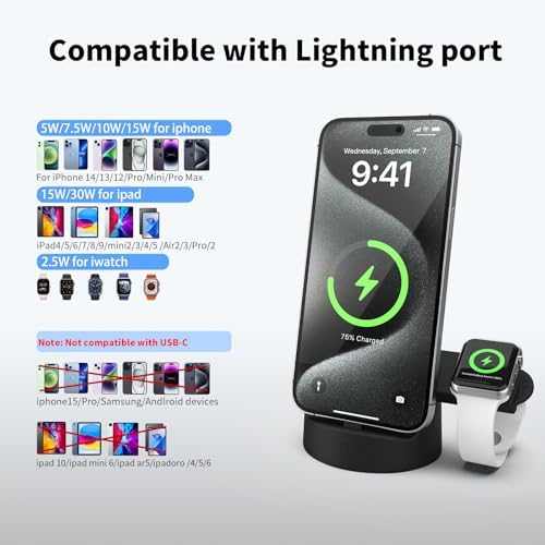 Dual Device Charging Dock for i Phone & Apple Watch – 15 W Fast Charging Station, Silicone Holder for i Phone 14/13/12/Pro/Mini/Pro Max & Apple Watch Series 9/8/7/6/5/4/3/2/SE/Ultra/Ultra2 (Sleek Black) – Ultimate Space-Saving Solution with Enhanced Stability and Quick Access