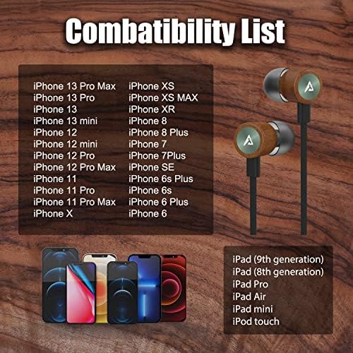 Elevate Your Sound Experience with ADPROTECH Lightning Earbuds – MFi Certified Wooden In-Ear Headphones with Magnetic Design, Built-In Microphone & Volume Control, Compatible with i Phone 14, 13, 12, 11 Pro Max, XS Max, XR – Stylish, Durable, and Ergonomic for All-Day Comfort