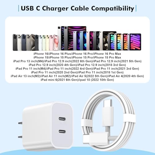 Dual USB-C Fast Charging Block for i Phone 16 | 2-Pack Adapter Set with USB-C Cables | Universal Compatibility for i Phone 15, i Pad Pro | Efficient PD Charging Solution for Home & Travel | Compact Design for On-the-Go Power Management