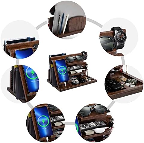 Gifts for Men, Wood Phone Docking Station, Mens Gifts for Birthday Gifts for Men or Gifts for Dad Fathers Day, Desk Workspace Organizer Nightstand Organizer Key for Wallet & Watch Holder – Enhanced Compatibility and Speed