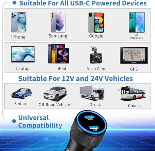 BAOYUANDA 72 W Dual Port USB-C Car Charger for i Phone 16 Series – MFi Certified Fast Charging Solution with 2 Durable Type C Cables for i Pad Pro, Android & More – Ultimate Compatibility for On-the-Go Power Management