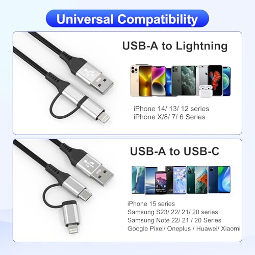 Versatile Coiled USB to USB-C & Lightning Cable Combo for i Phone and Android – MFi Certified Fast Charge & Data Sync up to 3 A – Tangle-Free Design for Apple Car Play & Android Auto Compatibility – Durable, High-Quality Charging Solution for Seamless Connectivity on the Go