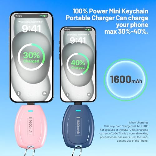 Compact Keychain Power Bank Duo: 1600 m Ah Emergency Charger for i Phone 8, 11, 12, 14 & Air Pods – Ultra-Portable Mini External Battery Pack in Stylish Blue & Pink – Fast Charging & Enhanced Compatibility for On-the-Go Power Solutions